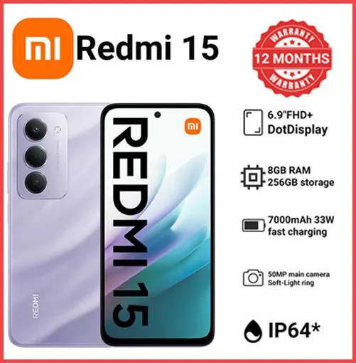 [Black Friday Offer] New launch XIAOMI Redmi 15 256GB+16(8+8)GB 6.9 Inch 144Hz IPS LCD Display 7000mAh Battery 33W Fast Charging IP64 Dust/Water Resistant Dual SIM Snapdragon 685 SoC AI Smartphones