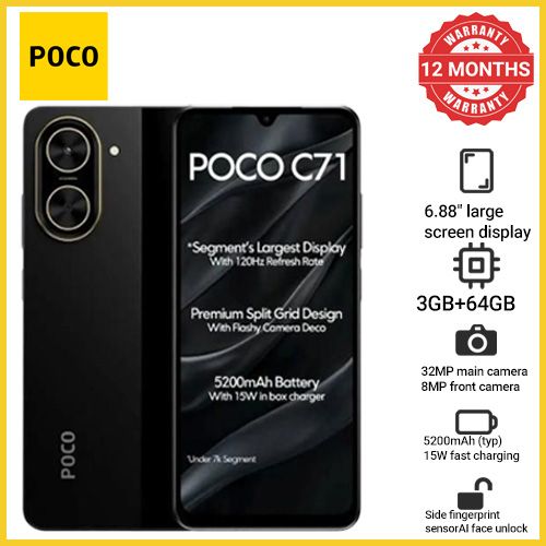 [Christmas offer] XIAOMI POCO C71 3GB+64GB 6.88" 120Hz Display 32MP Camera 5200mAh Battery  Fast charge fingerprint unlock Android 15 Smart Phones