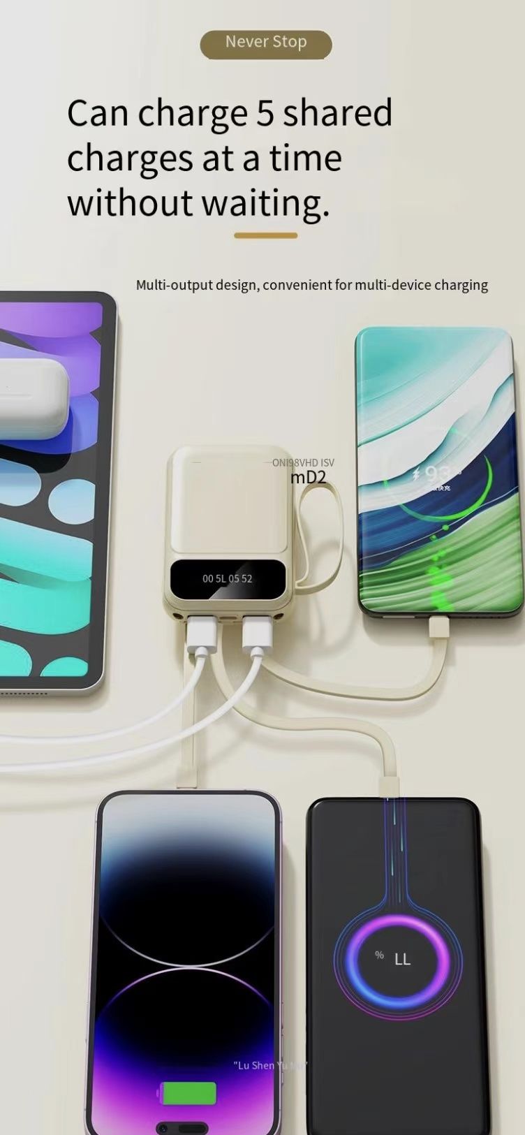 Portable Charger 20000mAh 5V/2.1A LED Display 4 in 1 High-Speed Power Bank Self Wired Power Supply Battery Pack Fashionable Design