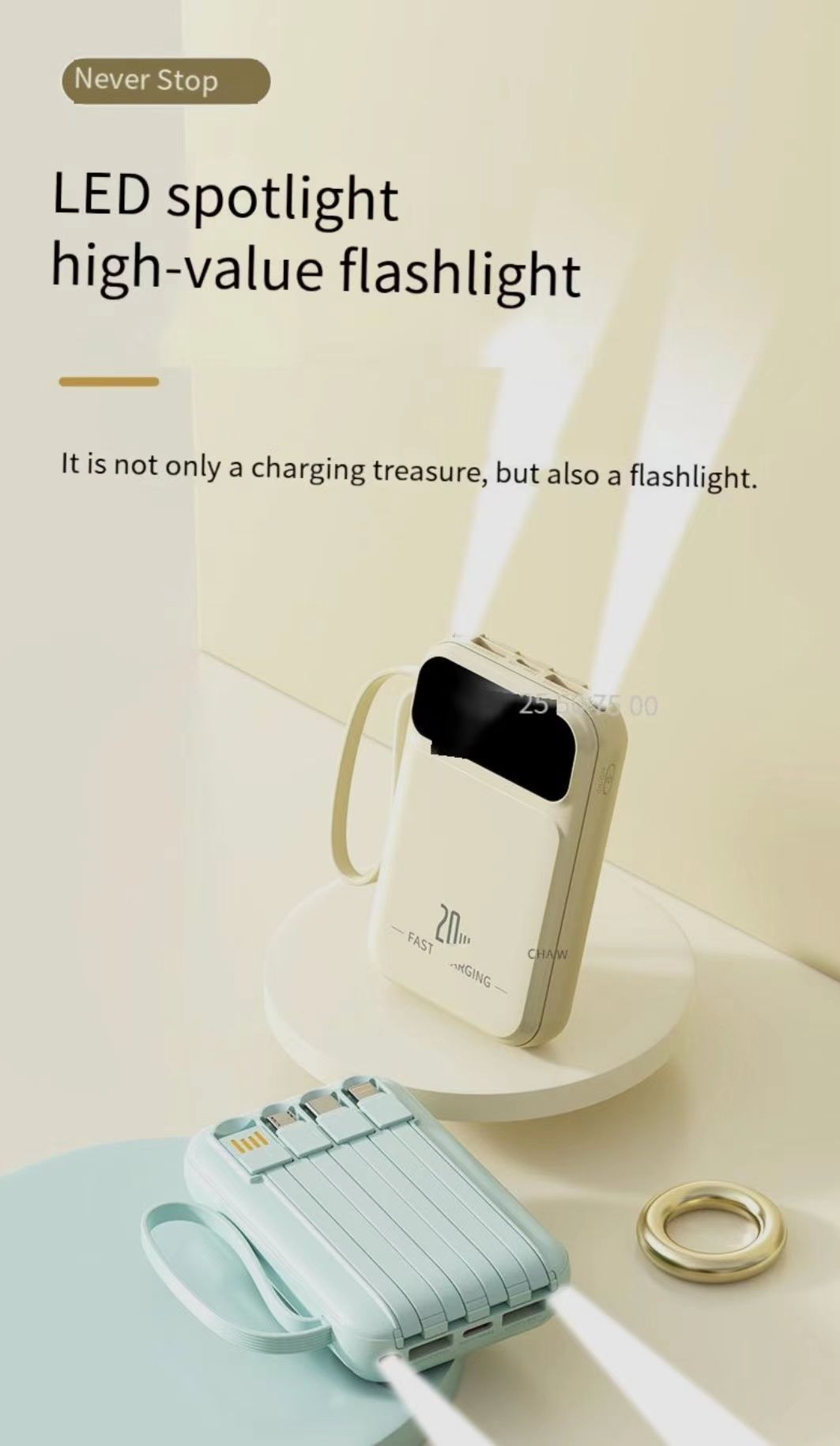 Portable Charger 20000mAh 5V/2.1A LED Display 4 in 1 High-Speed Power Bank Self Wired Power Supply Battery Pack Fashionable Design