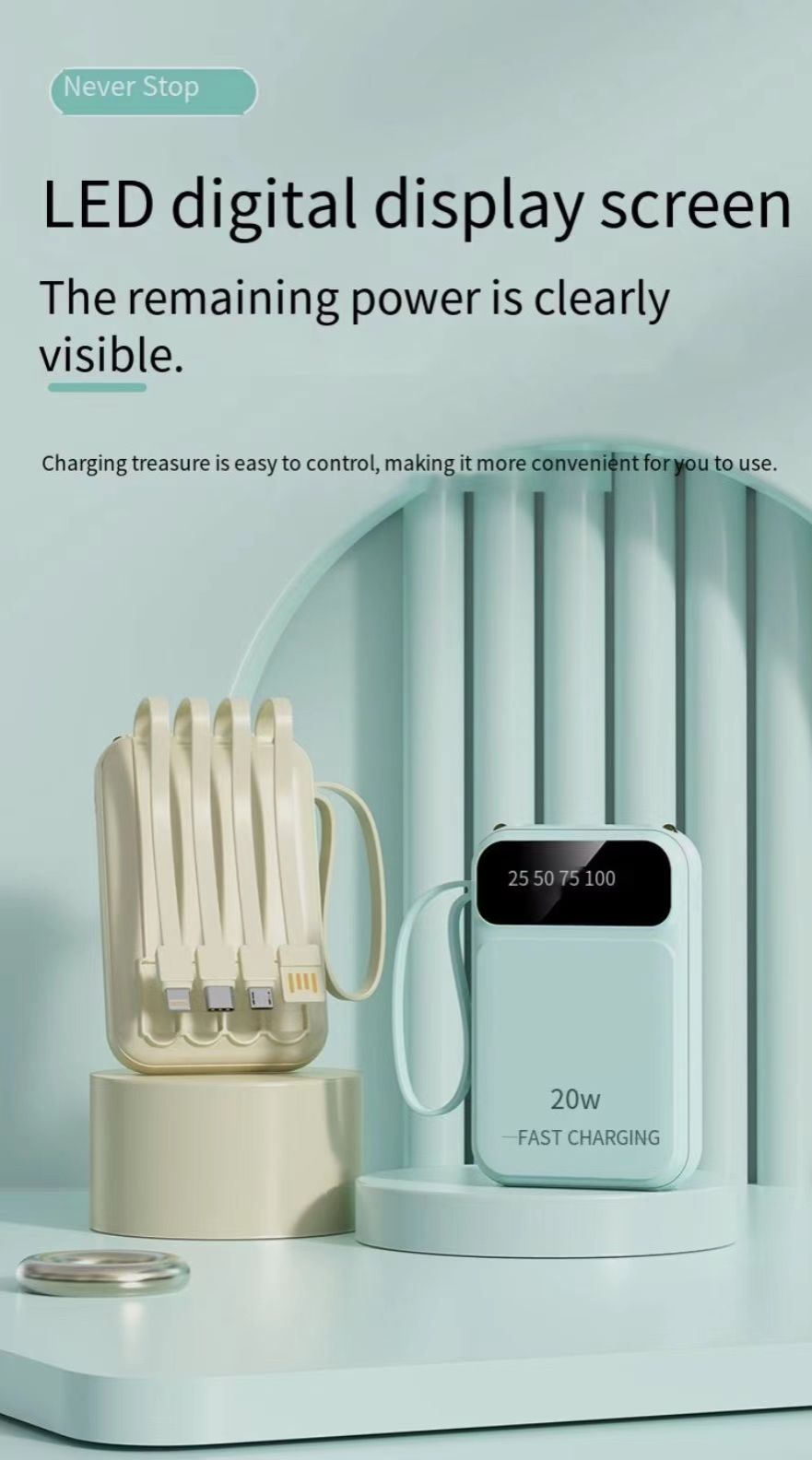 Portable Charger 20000mAh 5V/2.1A LED Display 4 in 1 High-Speed Power Bank Self Wired Power Supply Battery Pack Fashionable Design