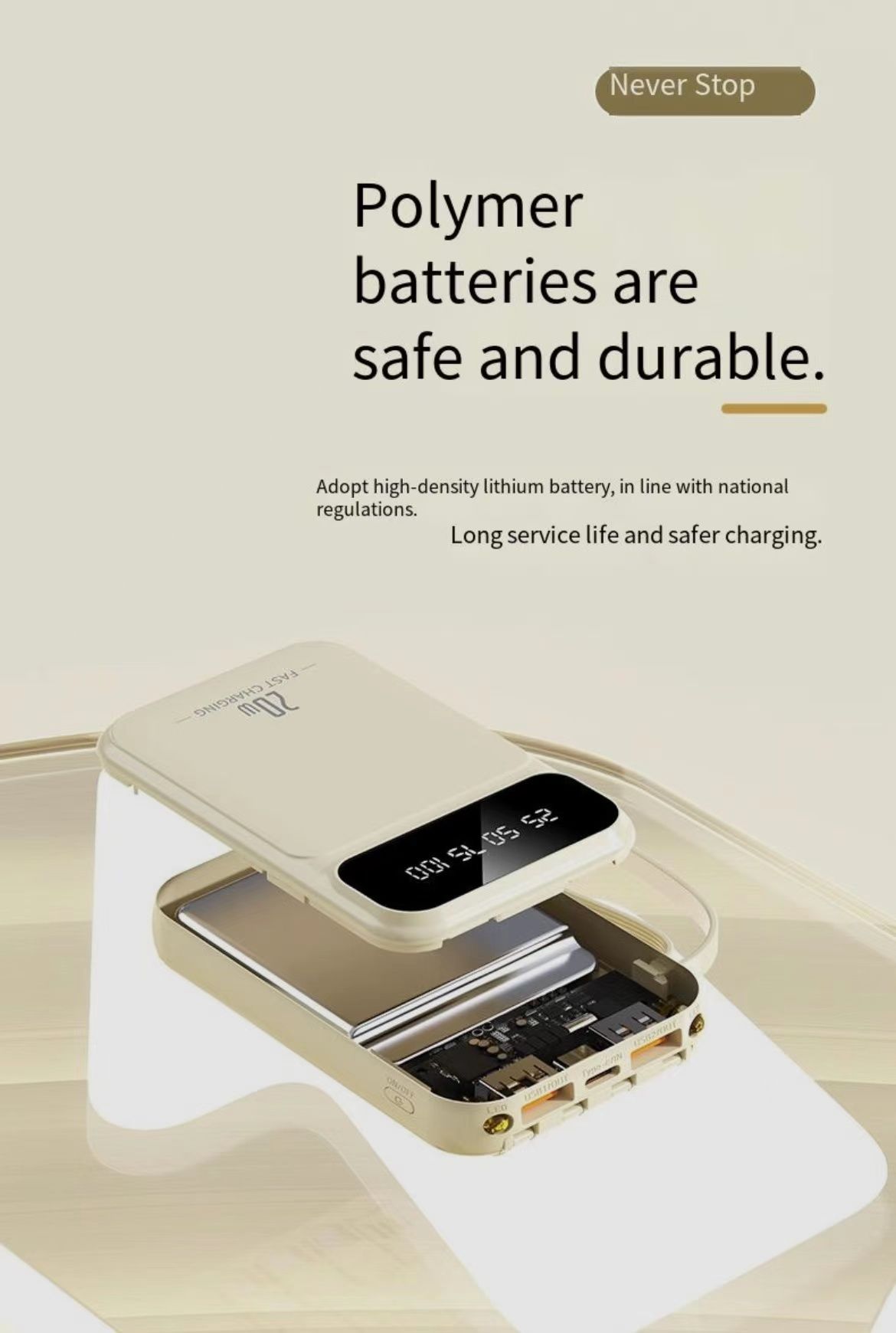 Portable Charger 20000mAh 5V/2.1A LED Display 4 in 1 High-Speed Power Bank Self Wired Power Supply Battery Pack Fashionable Design