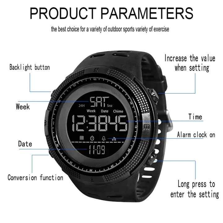 Men Watches Fashion Outdoor Sport Watch Men Multifunction Watches Alarm Clock Chrono Waterproof Led Digital Watch Blue One Size