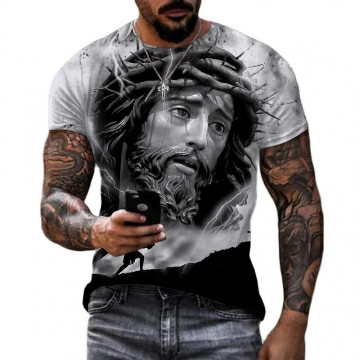 Graffiti Portrait 3D Print Men's Retro Street Short Sleeve Crew Neck T-shirt, Spring Fall