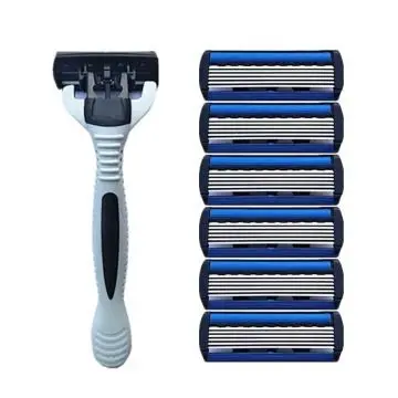 1+4 Combo Set Men Safety Traditional Classic 6 Layers Shaving Hair Blade Razor Manual Stainless Steel Shaving Hair Blade White One knife rest and three knife heads