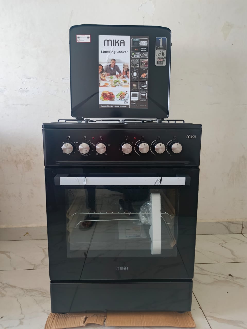 MIKA Standing Cooker, 60cm x 60cm, 3 Gas Pool Jet Burners + 1 RAPID Hot Plate, Auto Ignition, 4 Function Electric Oven, Rotisserie, Full Black