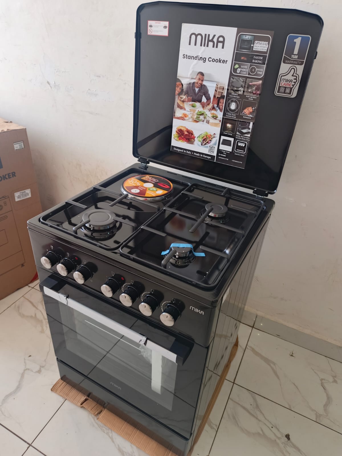 MIKA Standing Cooker, 60cm x 60cm, 3 Gas Pool Jet Burners + 1 RAPID Hot Plate, Auto Ignition, 4 Function Electric Oven, Rotisserie, Full Black