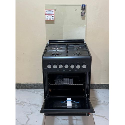Mika Standing Cooker, 58cm x 58cm, 3 Gas Pool Jet Burners + 1 RAPID Hot Plate, Button Ignition, 3 Function Electric Oven, Matt Black WITH FREE PIPE AND REGULATOR AND CLIPS