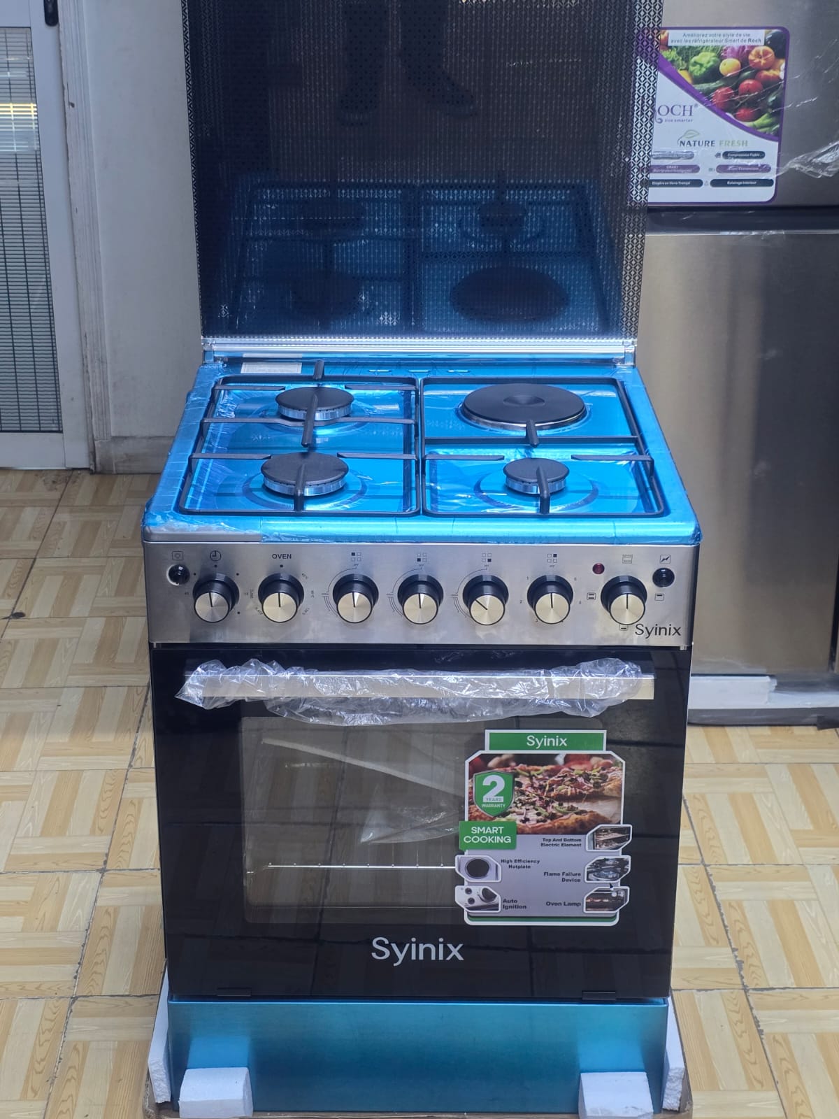 Syinix 60x60 Standing Cooker - 3 Gas + 1 Electric Burner with Electric Oven & Grill