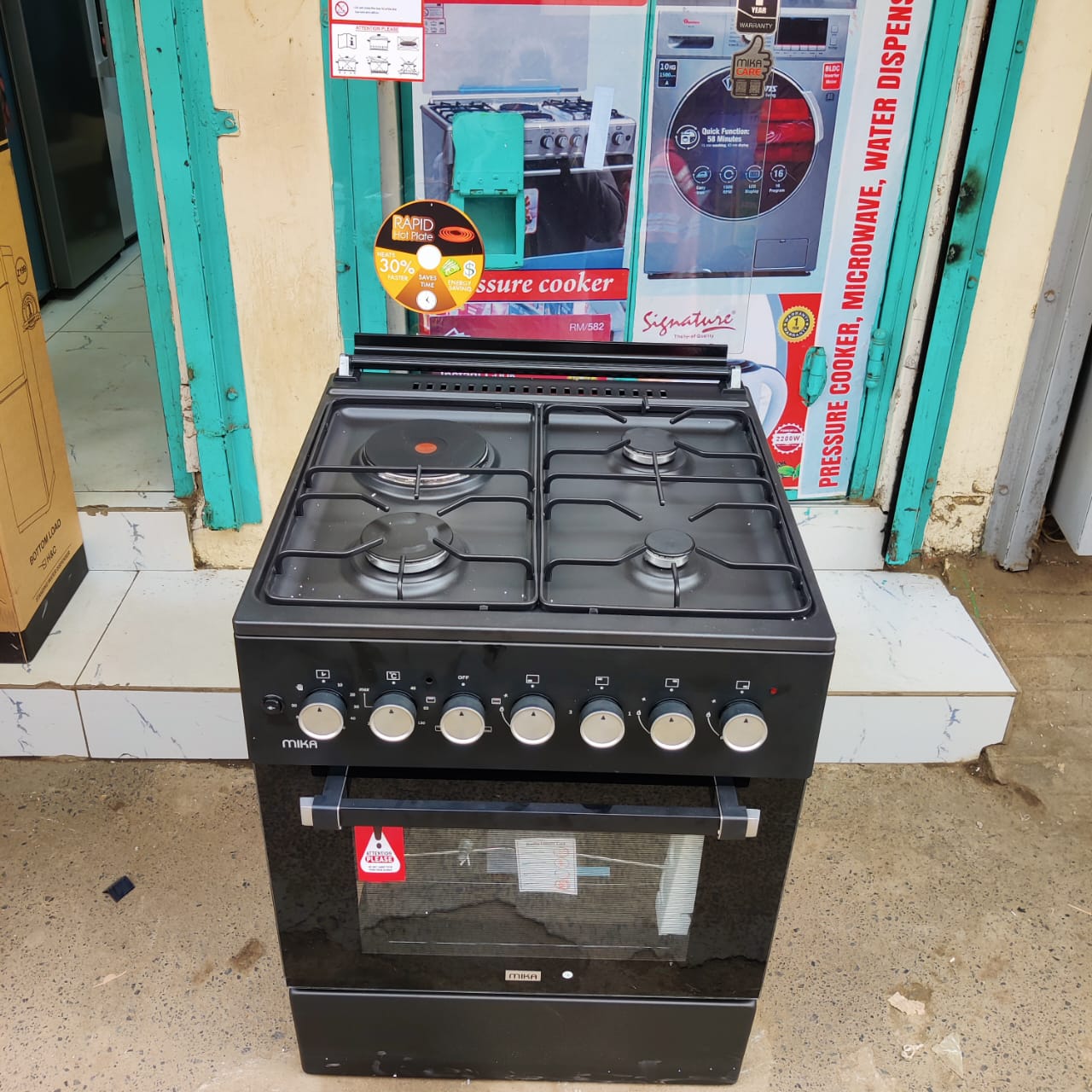 Mika Free Standing Cooker 60x60, 3 Gas Jet Pool Burners + 1 Rapid Plate, Electric Oven,4 Function & ROTISSERIE