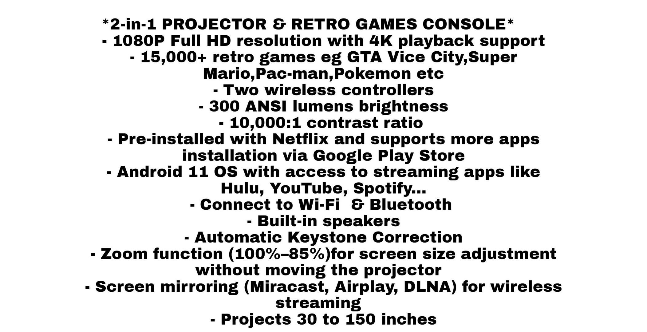 2-in-1 HY320 SMART PORTABLE PROJECTOR & RETRO GAMES CONSOLE+ 2 GAMING PADS+15,000 RETRO GAMES eg GTA Vice City, Pokemon,Super Mario