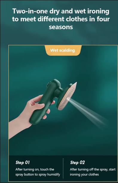 TRAVEL MINI IRON  WITH STEAM SPRAY--Two-in-one design, dry and wet steam to emit wrinkled, busting quickly and efficiently. The handle can be rotated 180 degrees, buttons and collars.