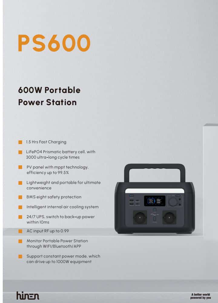 Hinen Portable Power Station 600W Rated Power Backup All-In-One Power Unit 2 Year Warranty - PS600