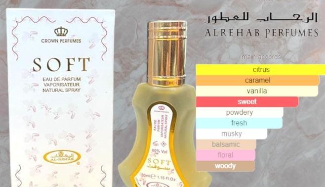 Original Soft Al Rehab 35ml Perfume Spray, citruses, vetiver, vanilla, caramel, white musk, orchid and jasmine