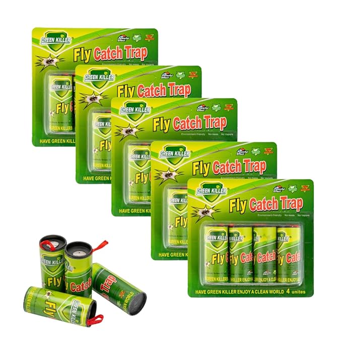 Green Killer 4pc Fly Catcher Ribbons - Fly Catcher Indoor - Fly Trap - Fly Paper - Fruit Fly Trap - Sticky Fly Trap - Fly Traps Indoor for Home Use - No Poison/Odour - Environmentally Friendly