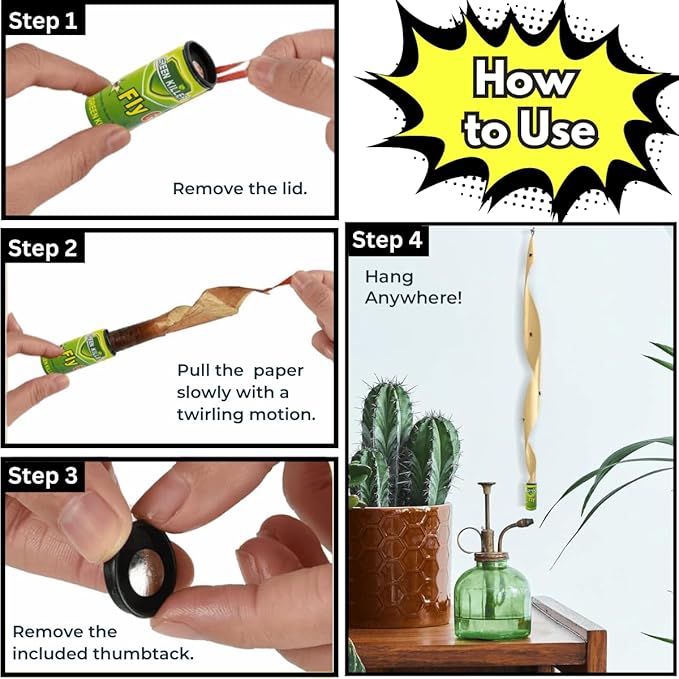 Green Killer 4pc Fly Catcher Ribbons - Fly Catcher Indoor - Fly Trap - Fly Paper - Fruit Fly Trap - Sticky Fly Trap - Fly Traps Indoor for Home Use - No Poison/Odour - Environmentally Friendly