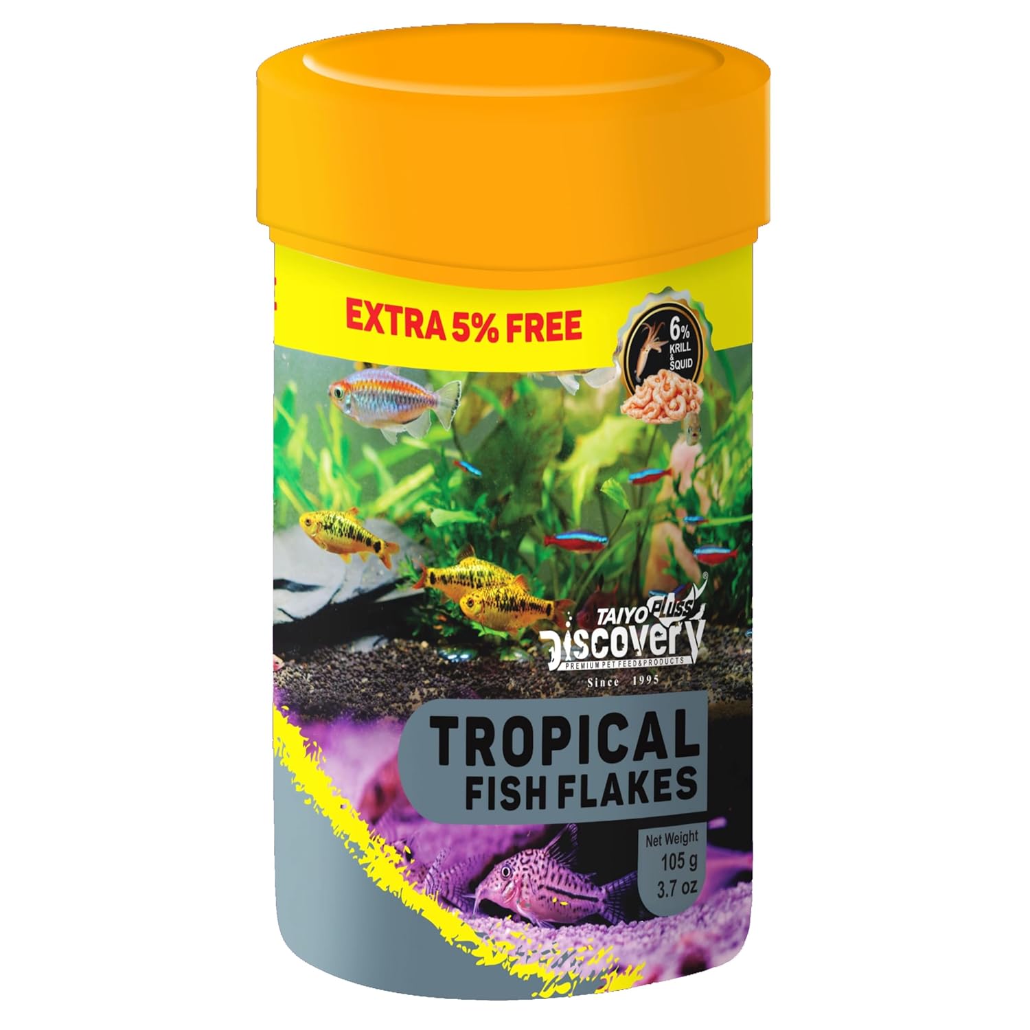 Tropical Fish Flakes Taiyo Pluss Discovery Premium Slow-Sinking Food with Krill & Squid for Vibrant Color & Healthy Growth