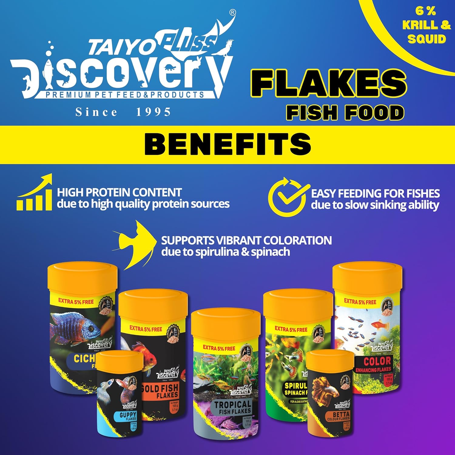 Tropical Fish Flakes Taiyo Pluss Discovery Premium Slow-Sinking Food with Krill & Squid for Vibrant Color & Healthy Growth