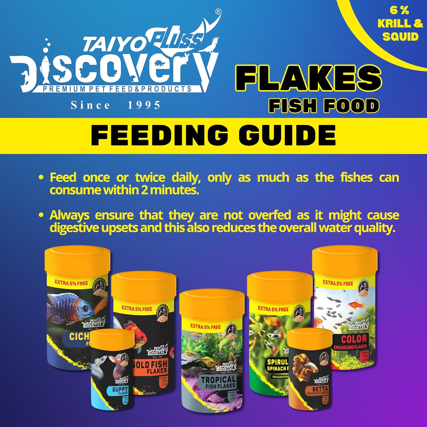 Tropical Fish Flakes Taiyo Pluss Discovery Premium Slow-Sinking Food with Krill & Squid for Vibrant Color & Healthy Growth