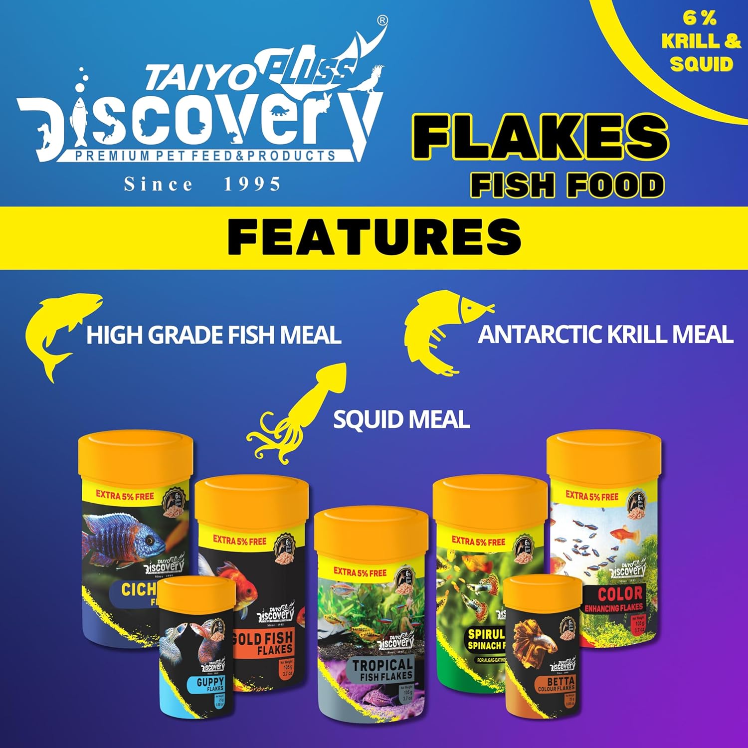 Color Enhancing Fish Flakes Taiyo Pluss Discovery Premium Slow-Sinking Food with Krill & Squid for Vibrant Color & Healthy Growth