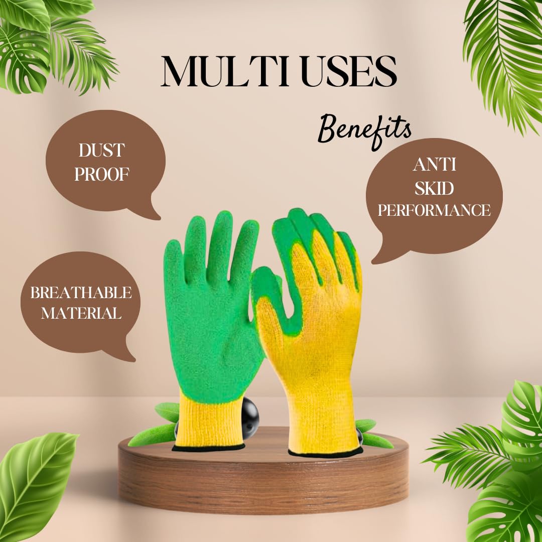 Heavy Duty Gardening Gloves with Latex Coated Palm Anti-Slip Garden Work Gloves Breathable Knitted Polyester Cotton Flexible Elastic Wrist Durable Protective Gloves for Farming, Planting & Yard Work