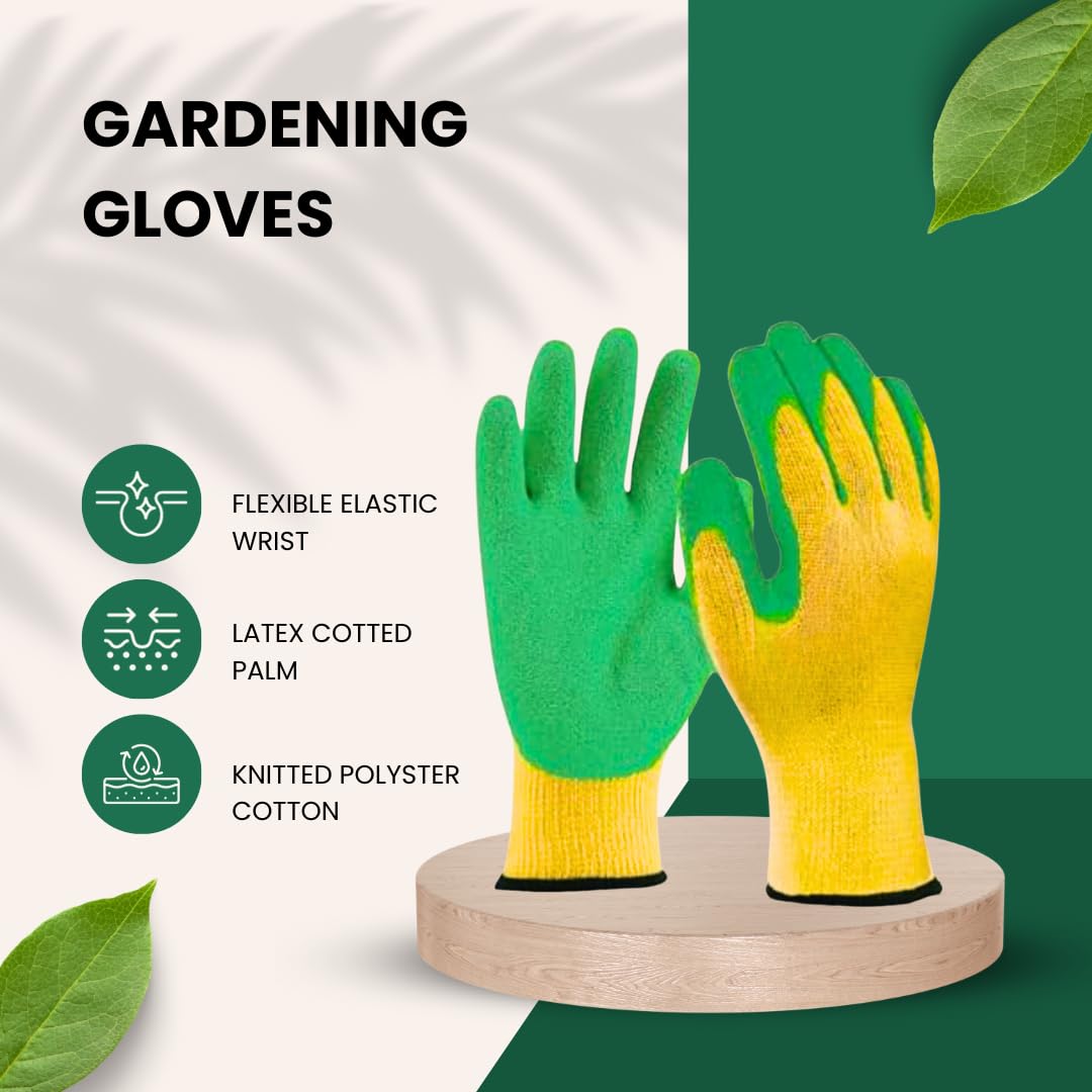 Heavy Duty Gardening Gloves with Latex Coated Palm Anti-Slip Garden Work Gloves Breathable Knitted Polyester Cotton Flexible Elastic Wrist Durable Protective Gloves for Farming, Planting & Yard Work