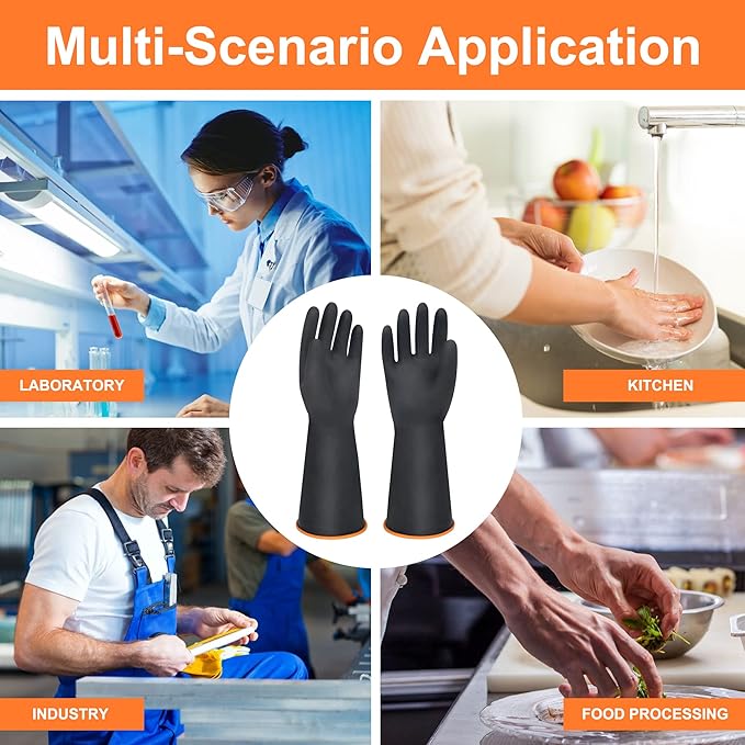 Rubber Gloves Chemical Resistant Industrial Safety Long Gloves, Waterproof & Anti-Slip Orange Comfort Lining Long Cuff Protection Reusable Cleaning & Multipurpose Working Gloves