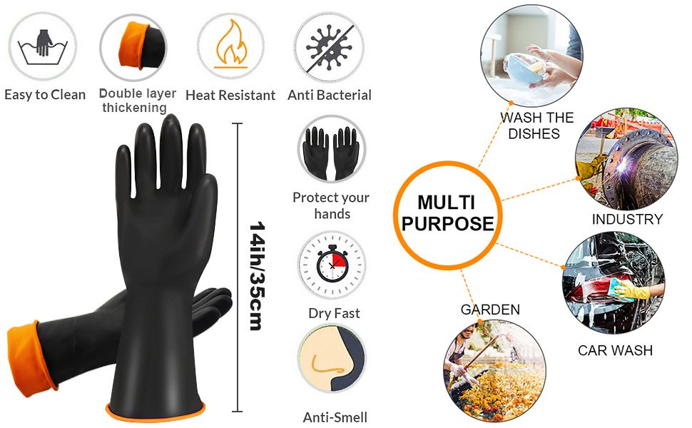 Rubber Gloves Chemical Resistant Industrial Safety Long Gloves, Waterproof & Anti-Slip Orange Comfort Lining Long Cuff Protection Reusable Cleaning & Multipurpose Working Gloves