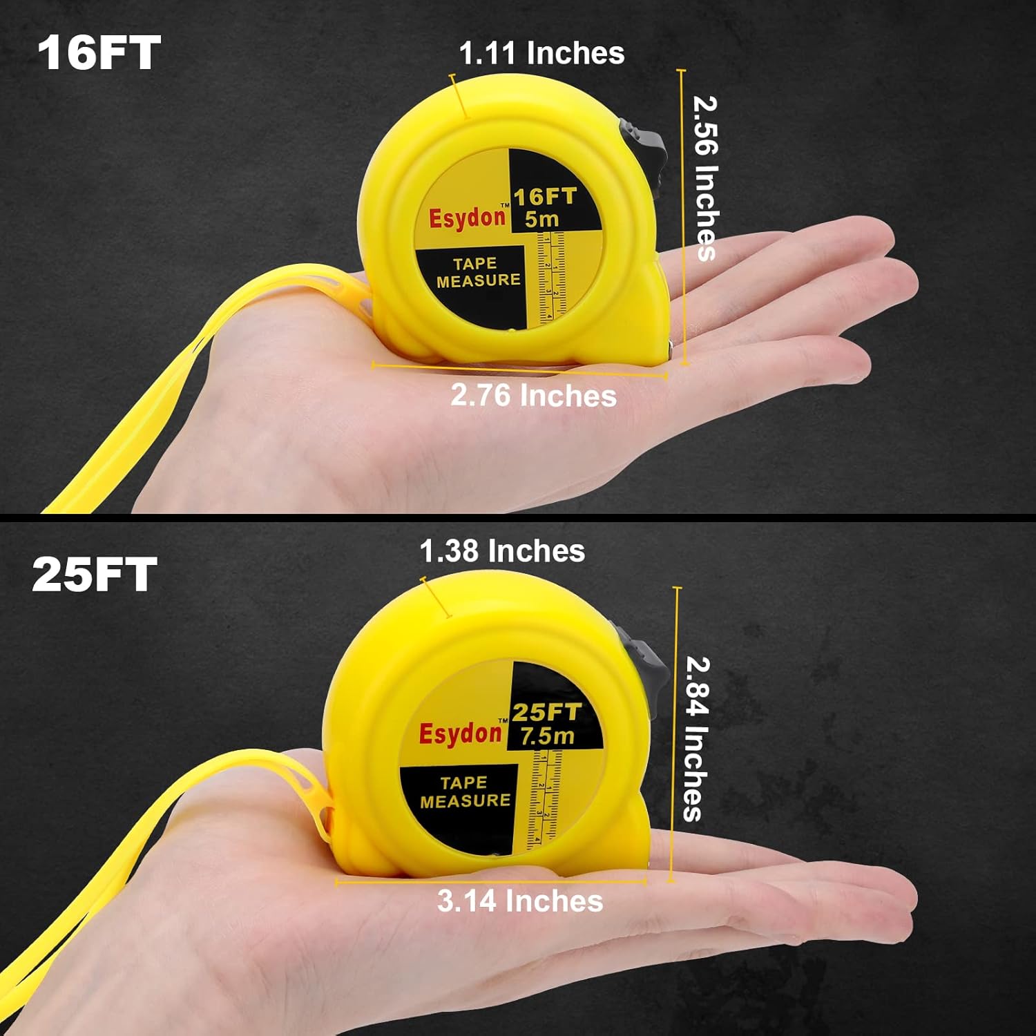 Compact Heavy Duty Tape Measure with Lock Button, Durable Case, Wrist Strap Accurate & Easy Read Markings