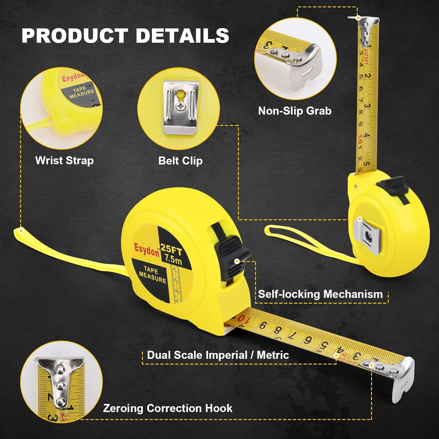 Compact Heavy Duty Tape Measure with Lock Button, Durable Case, Wrist Strap Accurate & Easy Read Markings