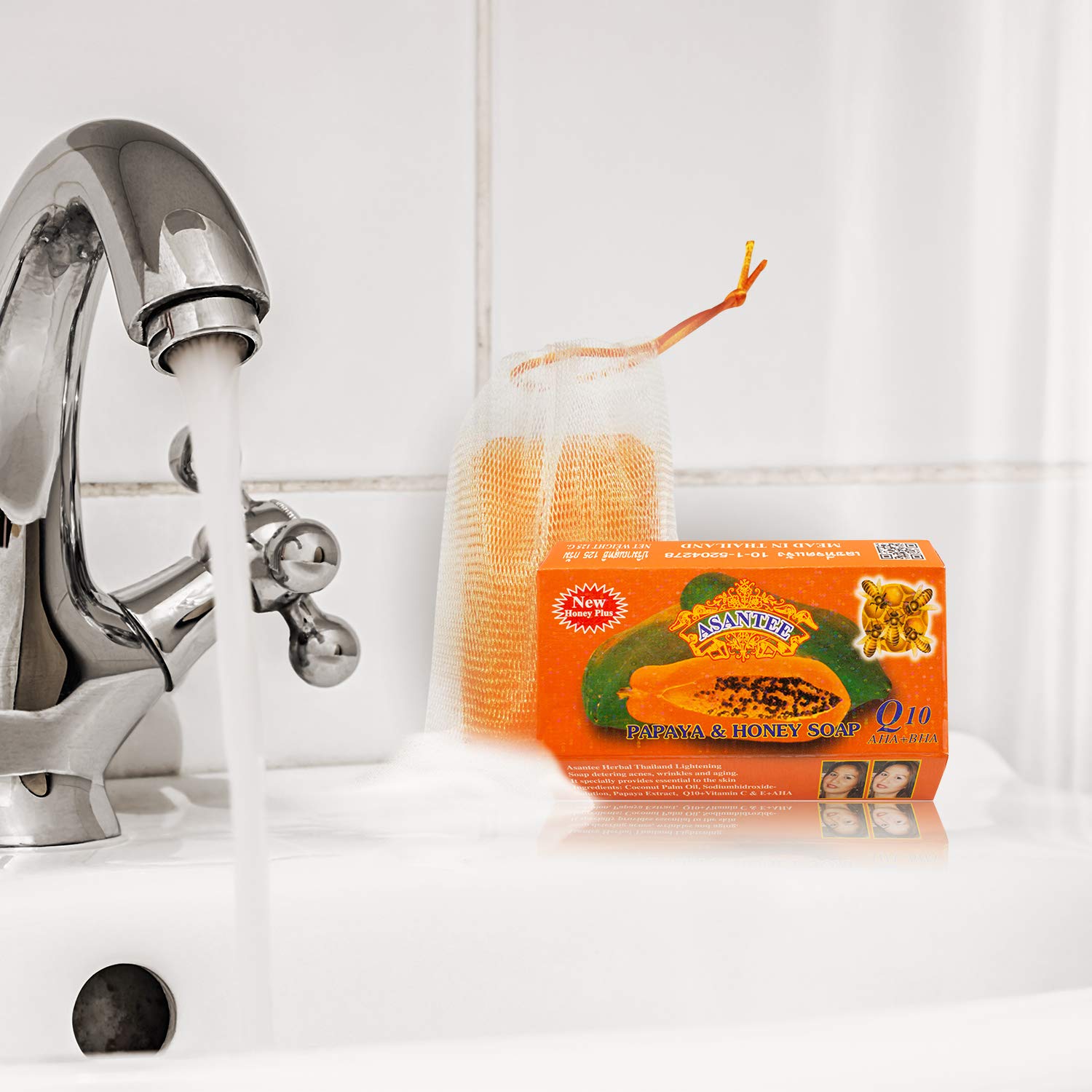 Asantee Papaya & Honey Herbal Bar Soap from Thailand with Vitamin C,E and Q10 Skin Cleansing & Slough Off Dead Skin Cells, with the Moisturizing and Antibacterial Benefits of Honey