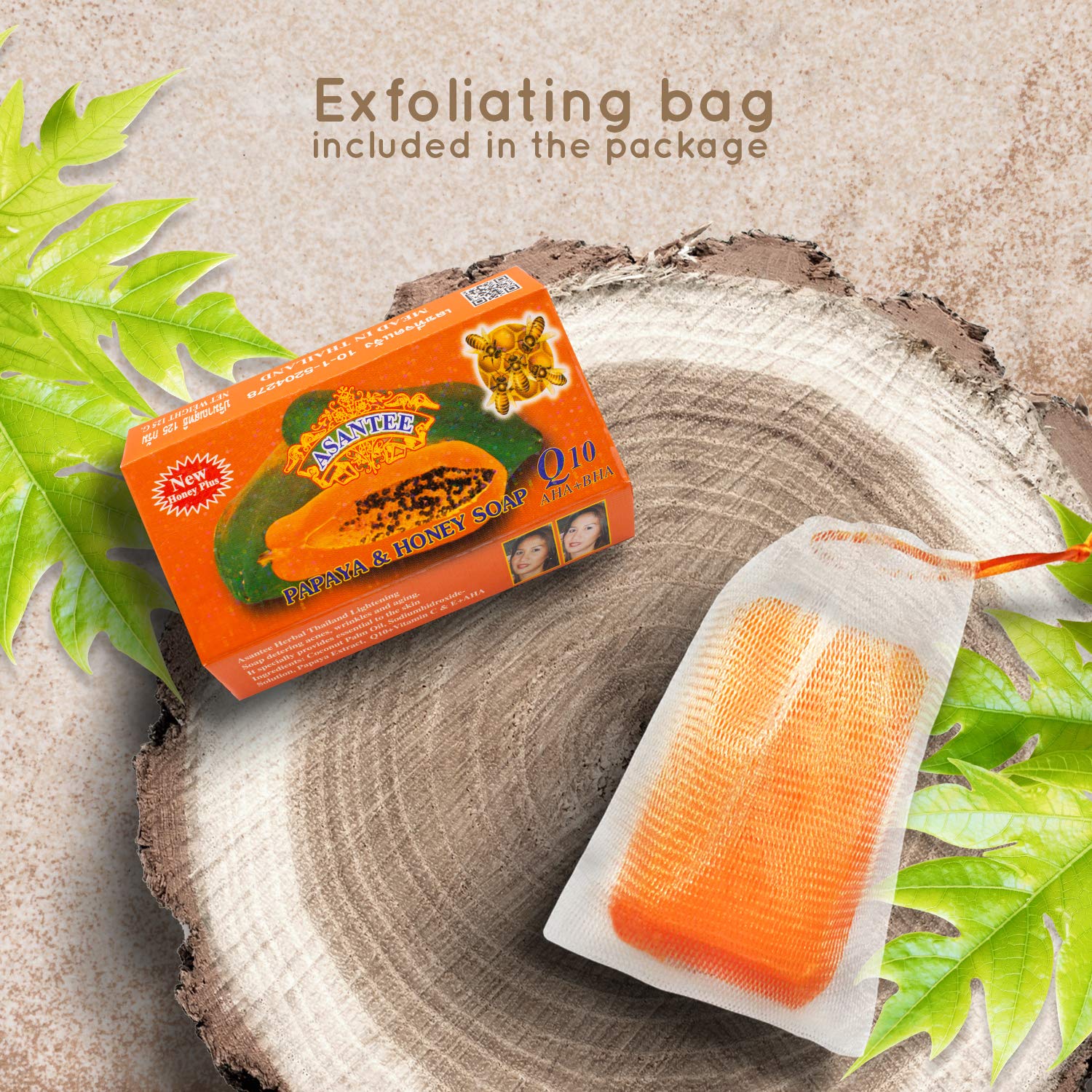 Asantee Papaya & Honey Herbal Bar Soap from Thailand with Vitamin C,E and Q10 Skin Cleansing & Slough Off Dead Skin Cells, with the Moisturizing and Antibacterial Benefits of Honey