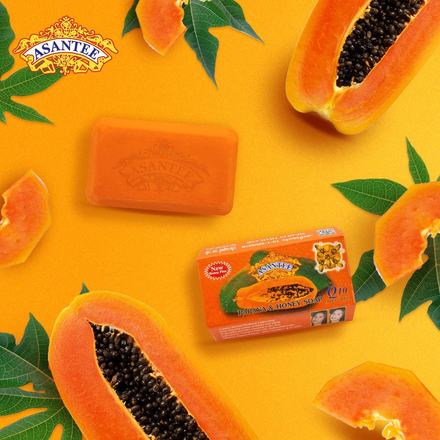 Asantee Papaya & Honey Herbal Bar Soap from Thailand with Vitamin C,E and Q10 Skin Cleansing & Slough Off Dead Skin Cells, with the Moisturizing and Antibacterial Benefits of Honey
