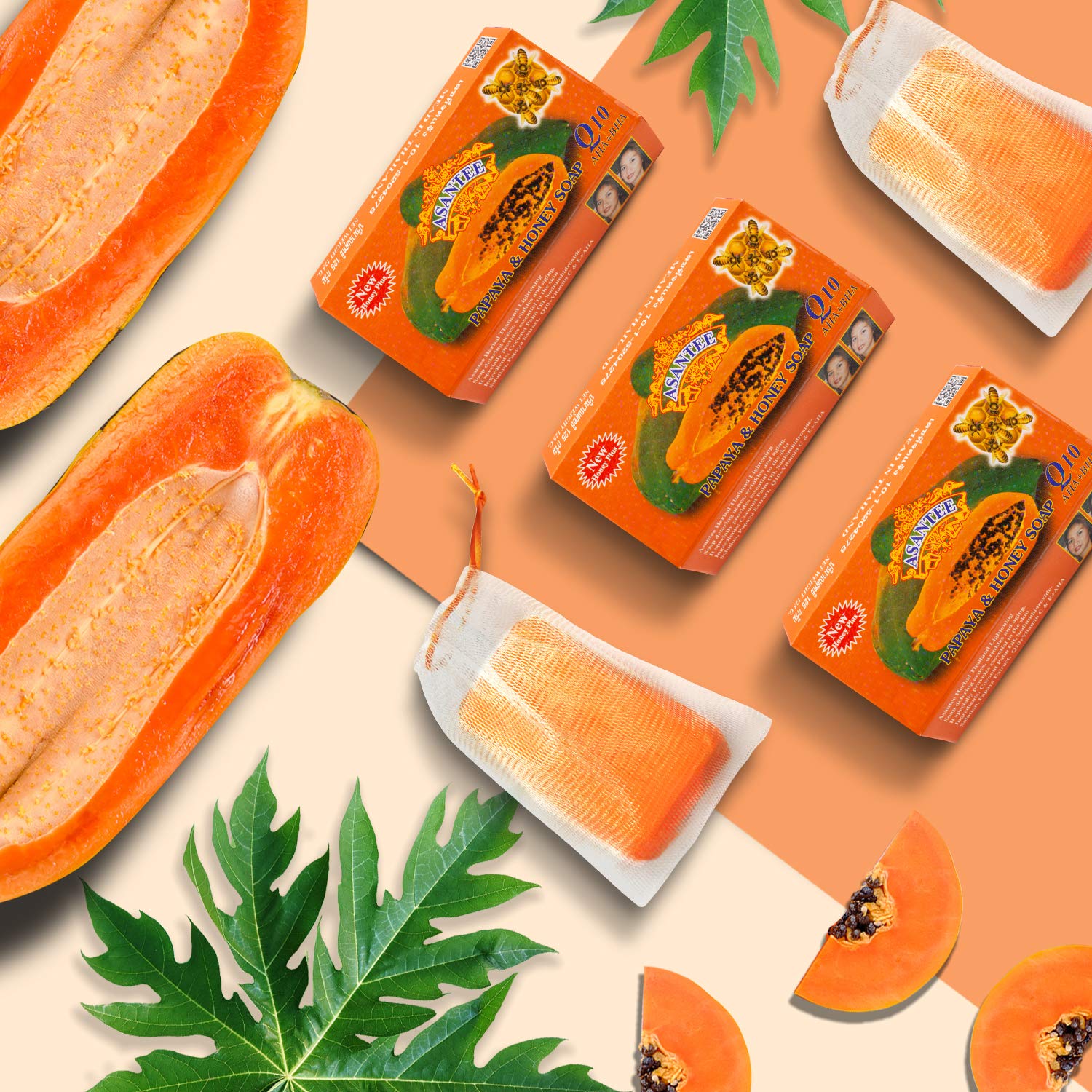 Asantee Papaya & Honey Herbal Bar Soap from Thailand with Vitamin C,E and Q10 Skin Cleansing & Slough Off Dead Skin Cells, with the Moisturizing and Antibacterial Benefits of Honey