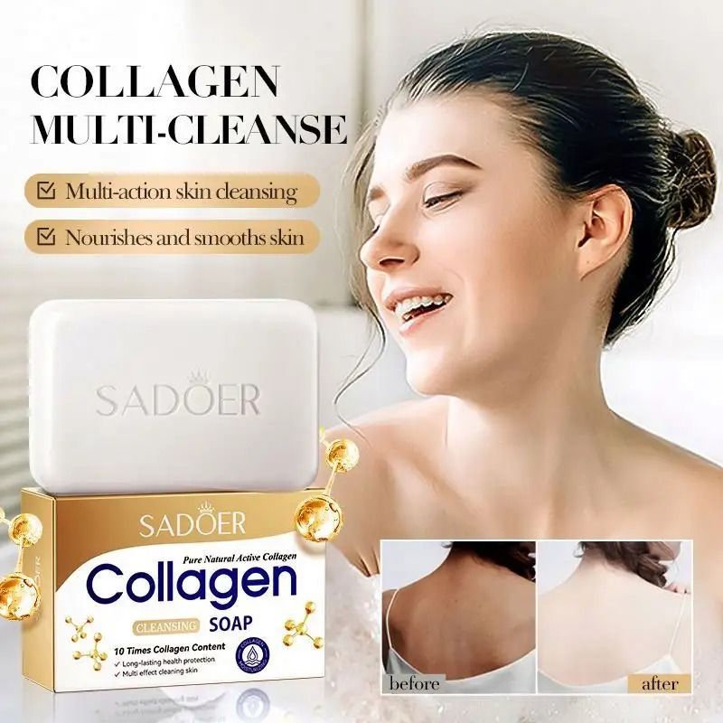 SADOER 3 Pieces Collagen Soap With 10 Times Collagen Content Moisturizing Soothing Cleansing Soap Organic Skin Care Collagen Facial Soap Made With 100% Pure Natural Active Collagen Beauty Soap
