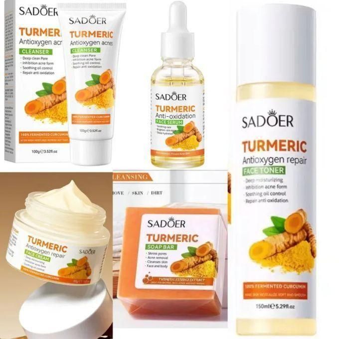 SPECIALOFFER SADOER Glowing Skin Turmeric Skincare Set  5 In 1 Mosturising Turmeric Set, Tumeric Cleanser + Face Serum +Face Toner + Face Cream + Tumeric Soap, With Unparelled Vitamin C