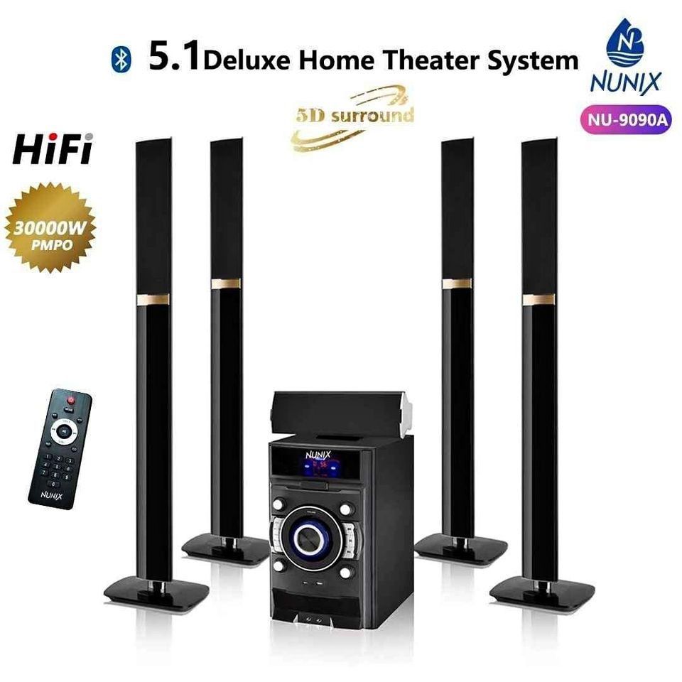 Nunix HOMETHEATRE 5.1 CH 30,000W SubWoofer -BT/FM/USB SPEAKER SYSTEMAstounding Sound Super Bass surround High-tech Multimedia Aux/FM ready USB Support 30000W PMPO Bluetooth