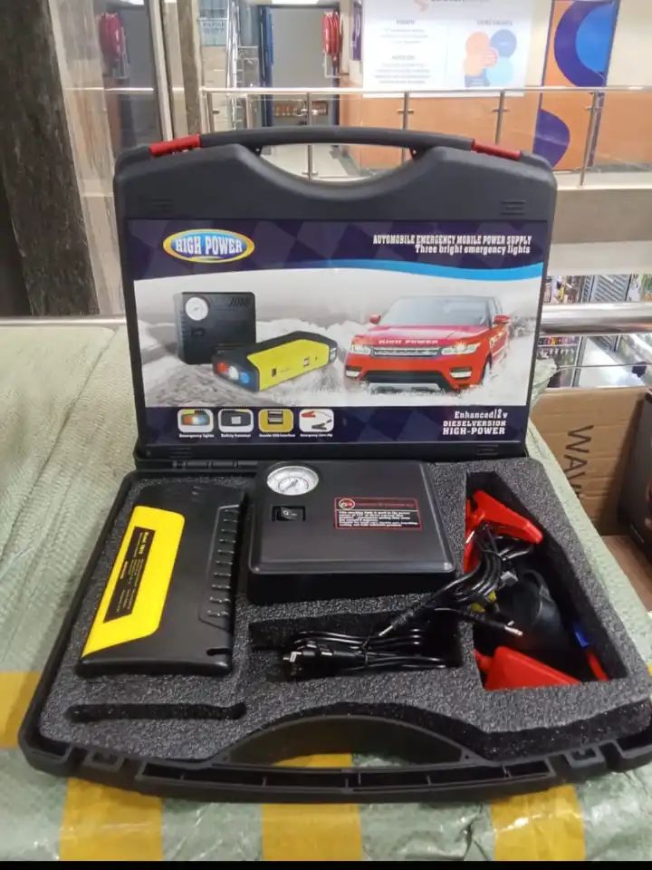 Car Jump Starter Car jump starter kit , has tyre inflator , jumper clips, powerful power source, car charger, electric charger.