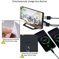 Digital Alarm Clock LED Mirror 2 USB Charger Ports Loud