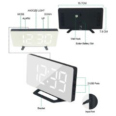 Digital Alarm Clock LED Mirror 2 USB Charger Ports Loud