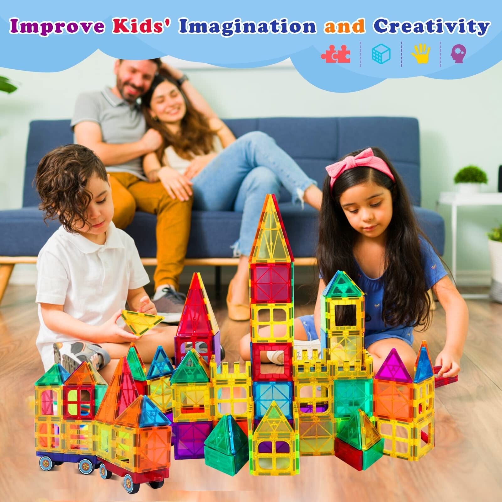 104 pcs Magnetic Tiles Building Blocks Car Construction Toy Gift kids Children Baby