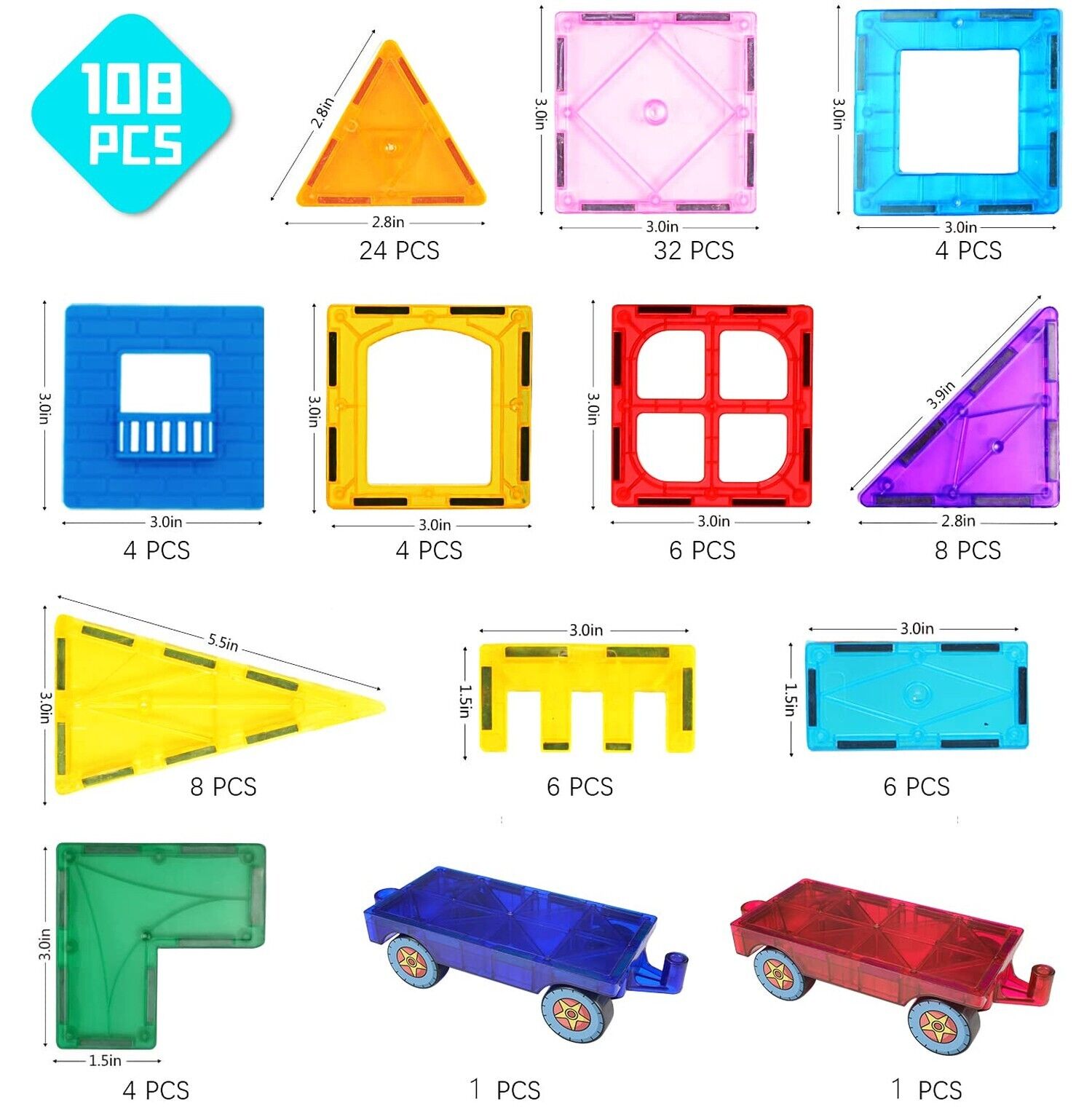 104 pcs Magnetic Tiles Building Blocks Car Construction Toy Gift kids Children Baby