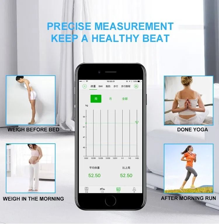 Rechargeable BMI Bathroom Weighing Body Scale Smart Backlit display IOS Android app