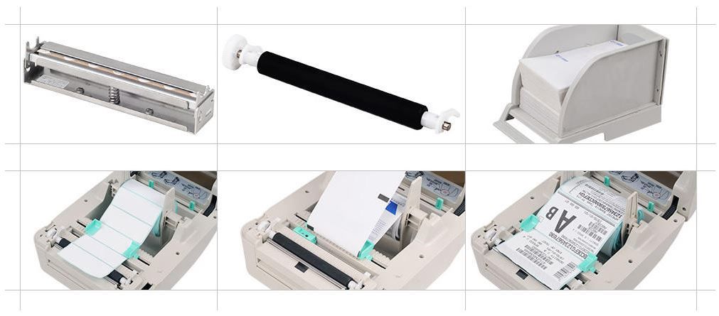 Xprinter XP-470B  Label Printer with 203 DPI, USB, 4-inch width, 127mm/s speed, QR code support, 4GB expansion, 2D/1D barcode, and SD card reader.