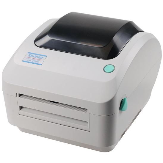 Xprinter XP-470B  Label Printer with 203 DPI, USB, 4-inch width, 127mm/s speed, QR code support, 4GB expansion, 2D/1D barcode, and SD card reader.