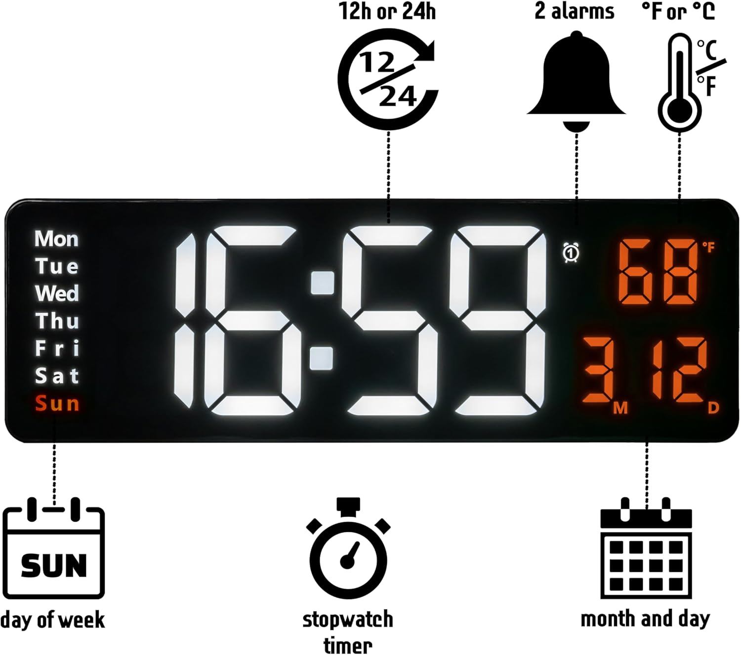 LED 16-Inch Large Simple Living Room Screen Functional Display Clock Nordic Digital Clock Led Wall Clock