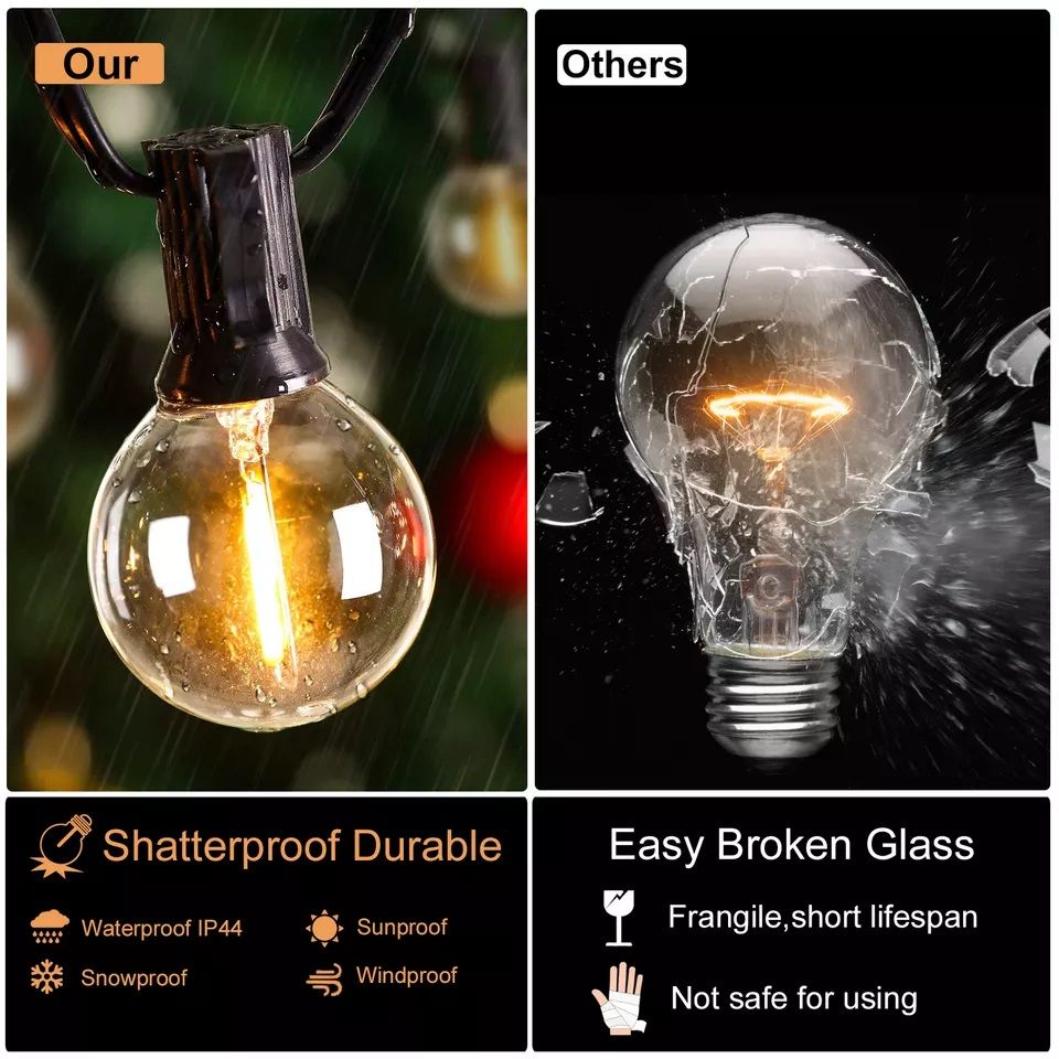 Outdoor SOLAR Garden Lights Waterproof Weather proof Fairy G40 Solar String Lights 15 Bulb 50 Foot bulbs