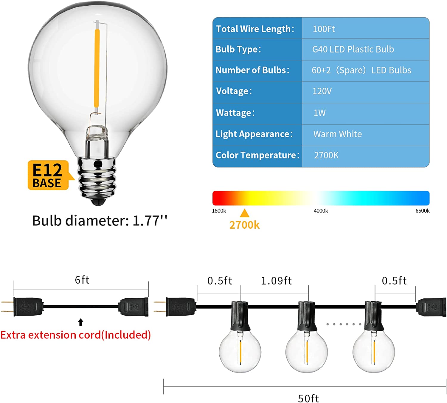 Outdoor SOLAR Garden Lights Waterproof Weather proof Fairy G40 Solar String Lights 15 Bulb 50 Foot bulbs