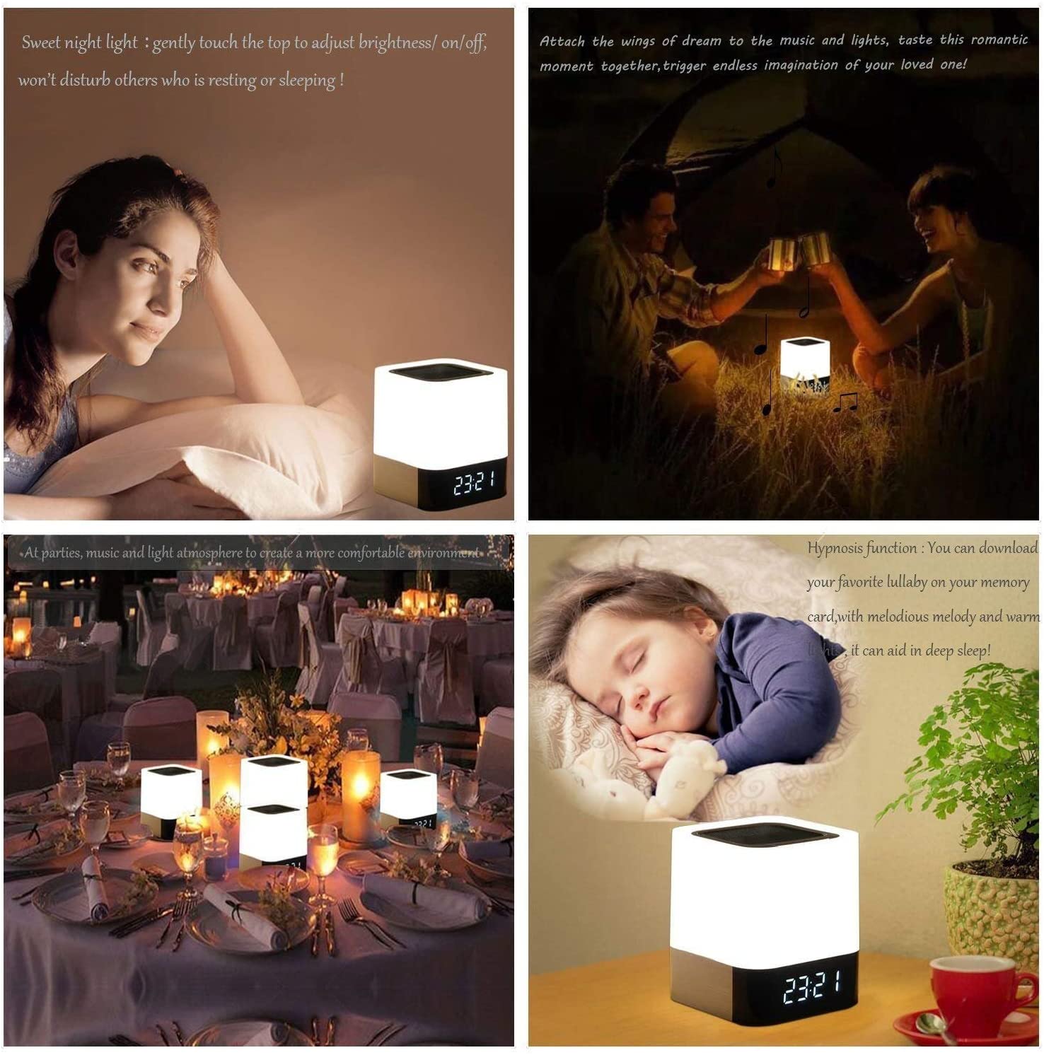 Bluetooth Speaker Table Square Bedside Rechargeable Touch-Sensitive Warm White Night Light Touch Lamp Cube Clock LED Alarm