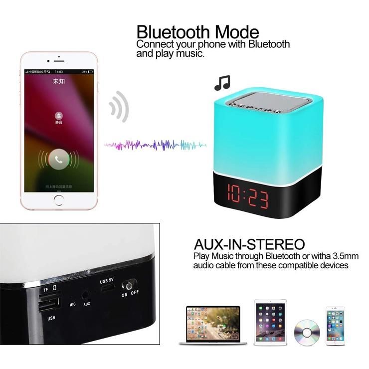 Bluetooth Speaker Table Square Bedside Rechargeable Touch-Sensitive Warm White Night Light Touch Lamp Cube Clock LED Alarm